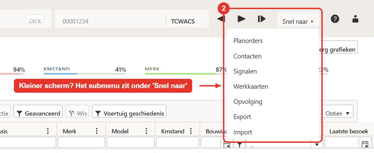WACSonline: submenu onder Snel naar
