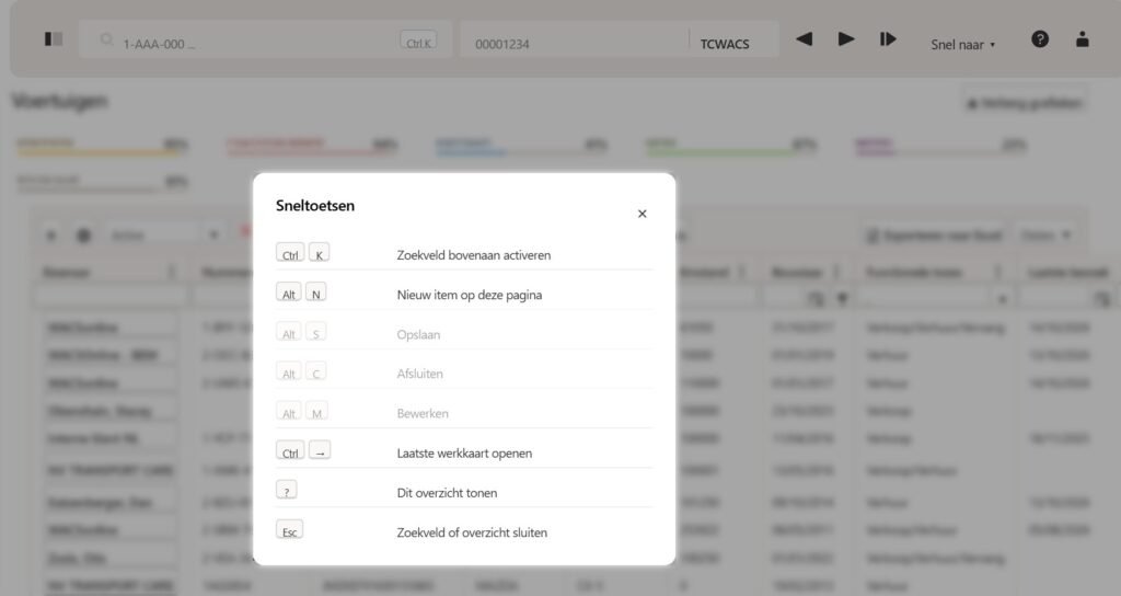 WACSonline sneltoetsen-overzicht