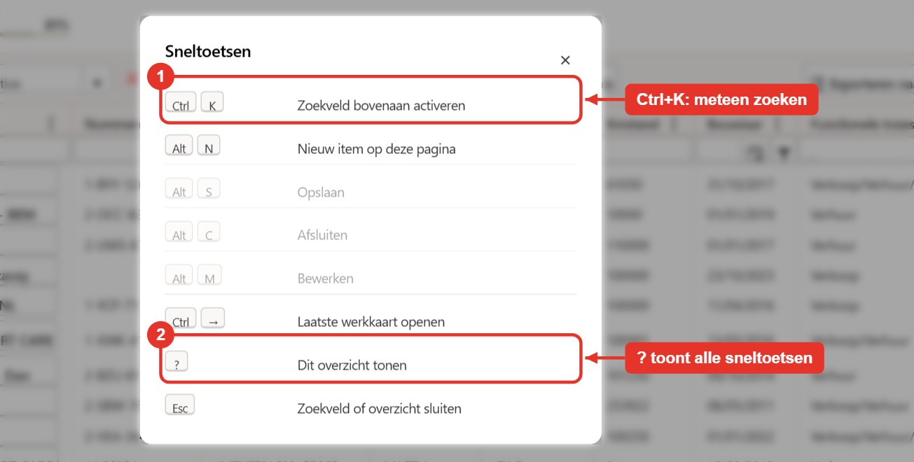 WACSonline: overzicht sneltoetsen